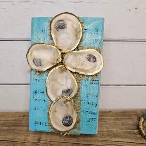 Hand Crafted -Decorative Beach Art Shell Cross Shelf Sitter with Gold Edges